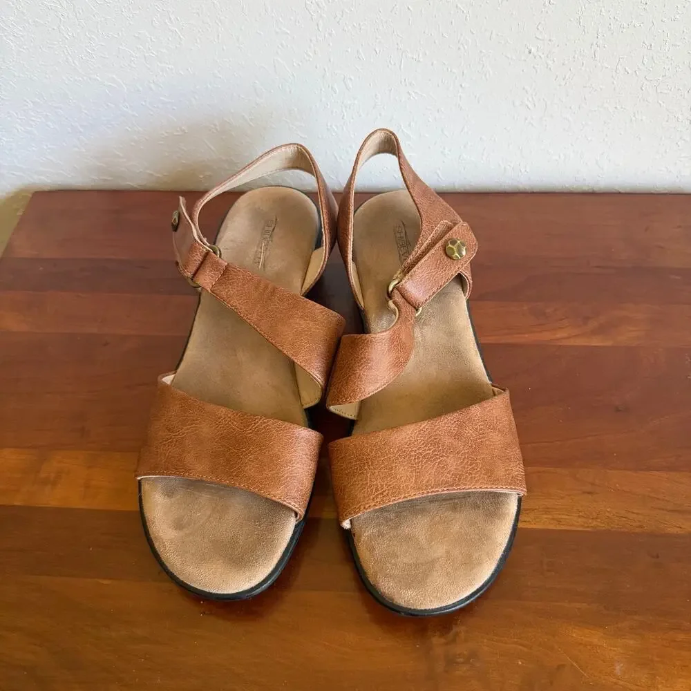 Shibever Brown Leather Low Wedge Heel Strappy Sandal Women 40 Comfortable Dressy